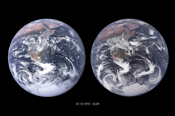 Original NASA Blue Marble-Foto links, Visualisierung rechts. Credit: MPI-M, DKRZ, NVIDIA.